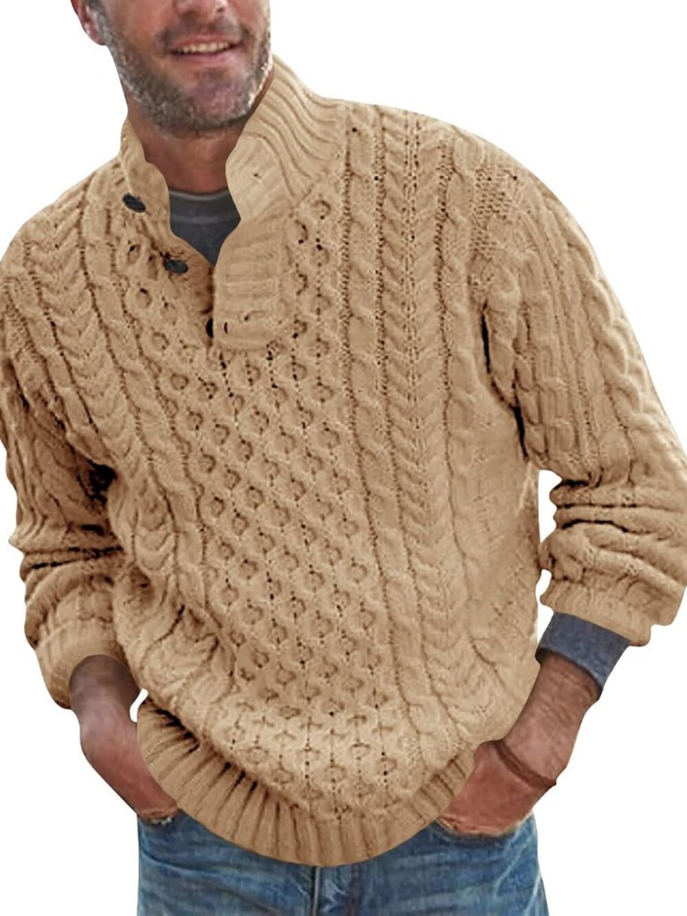 Mens Stand Collar Pullover Sweater Cable Knitted Chunky Sweaters